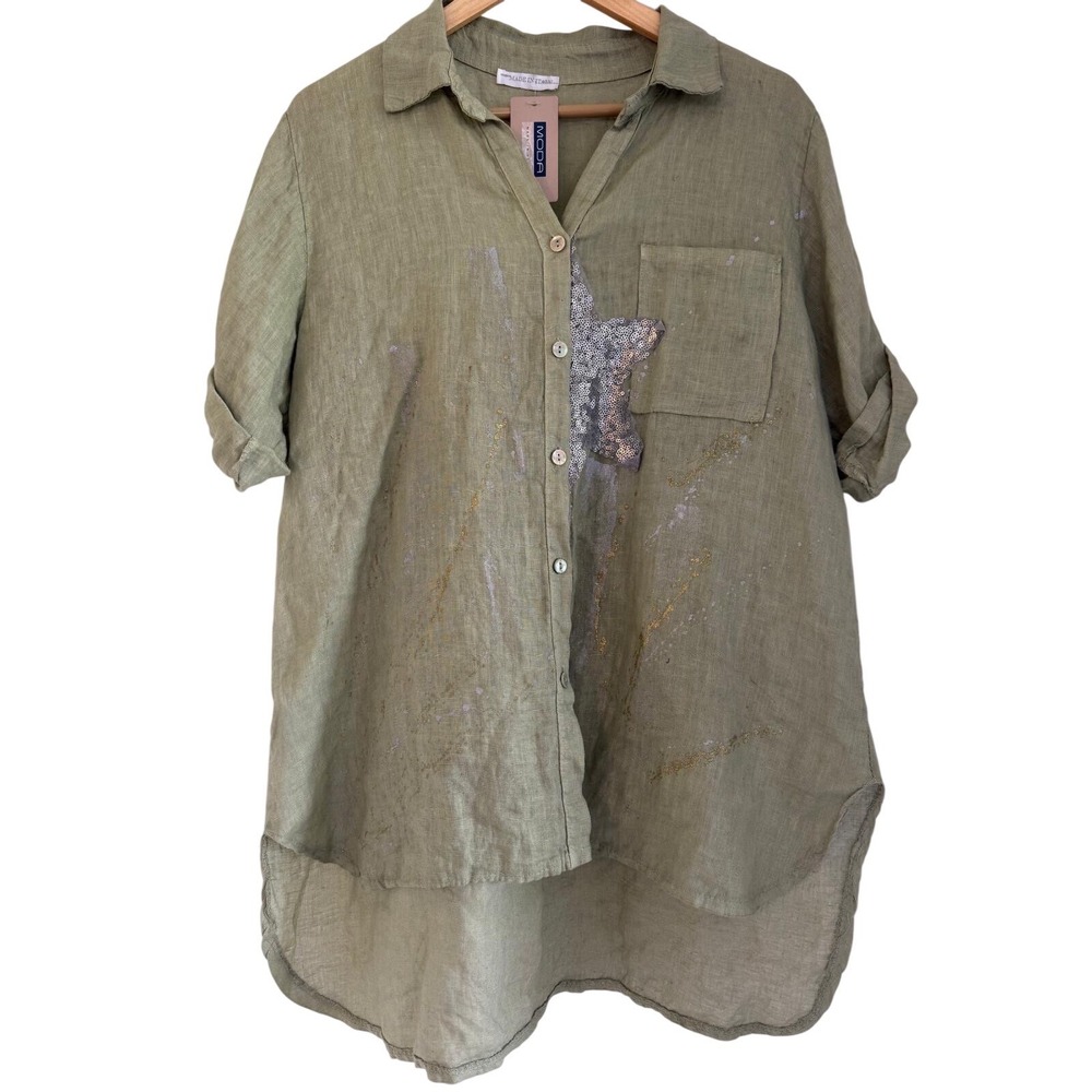 Moda Italy Linen Star Sequin Paint Splatter Shirt Green Oversized NWT